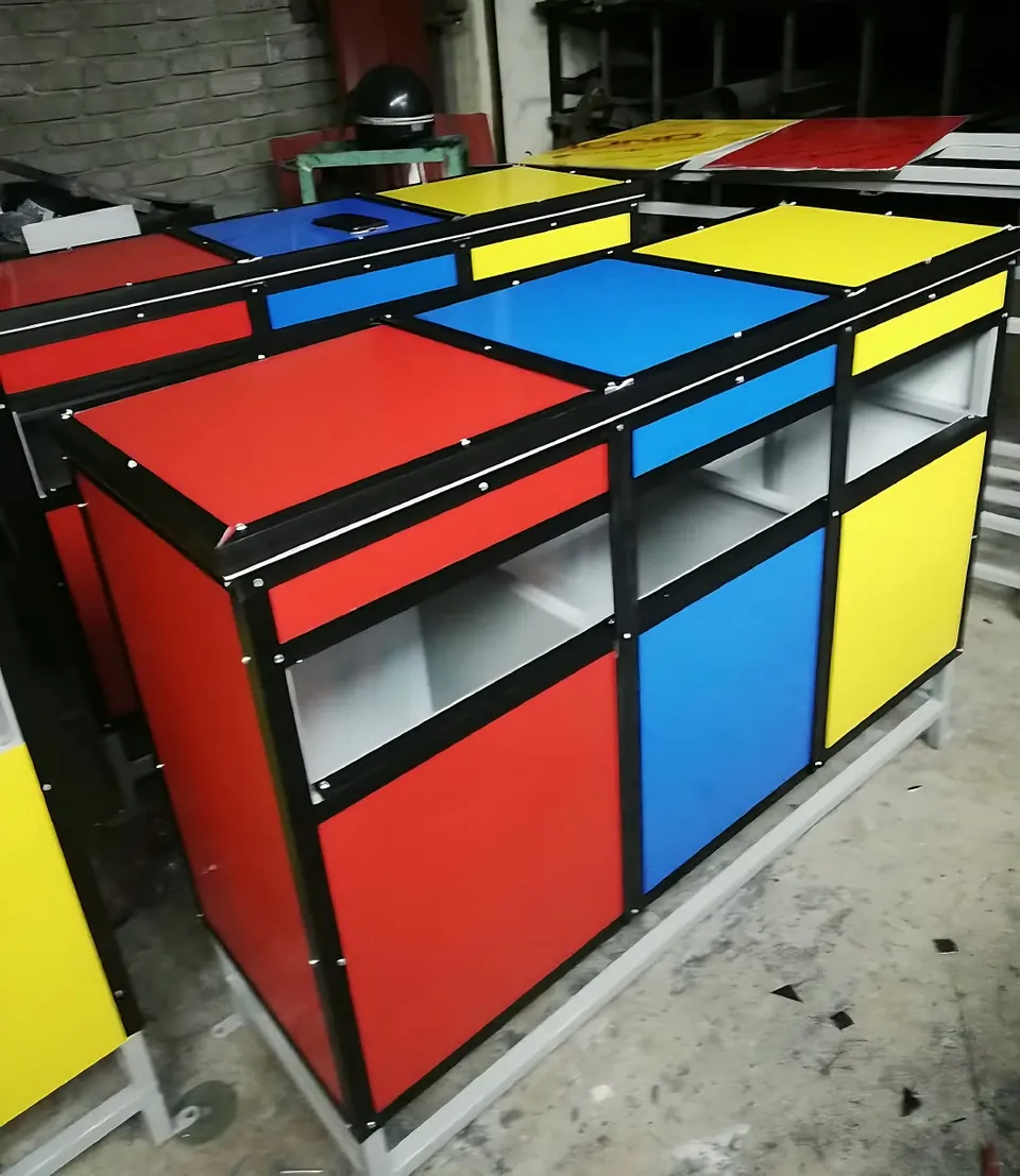 Cabinets made from red, blue and yellow ACP