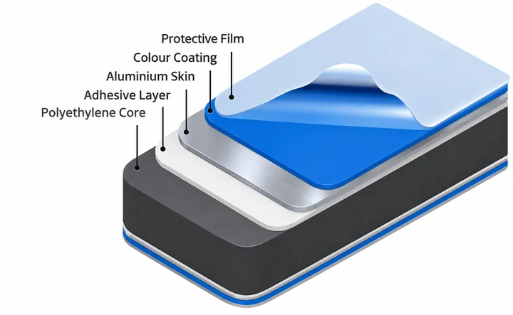 Layers of an aluminium composite panel: protective film, colour coating, aluminium skin, adhesive layer and polyethylene core