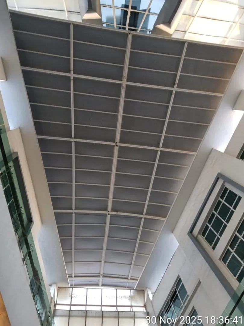 ACP awning between two buildings, seen from below