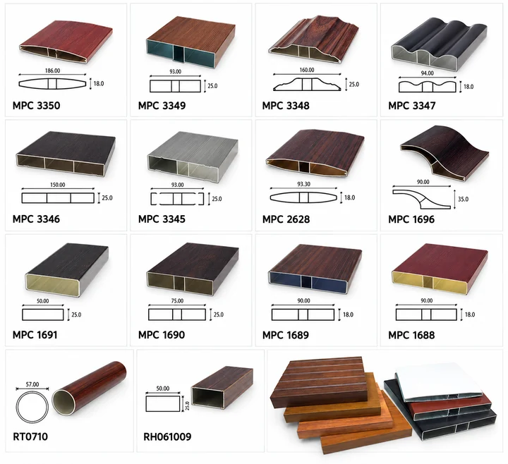 Aluminium gate and fence profiles in wood grain and powder coated finishes