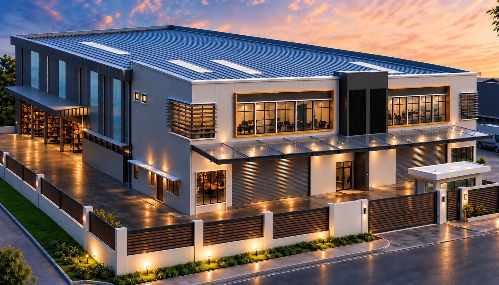 Factory and office building with a metal deck roof, roof lights, a polycarbonate canopy and aluminium louvres