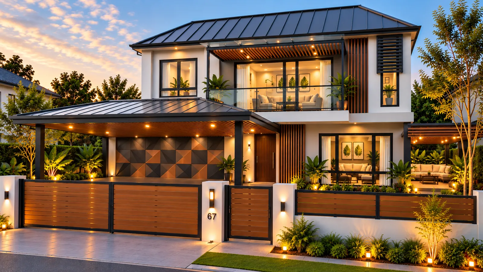 Modern two storey house with a metal deck roof, aluminium louvres, an ACP feature wall and an aluminium gate and fence