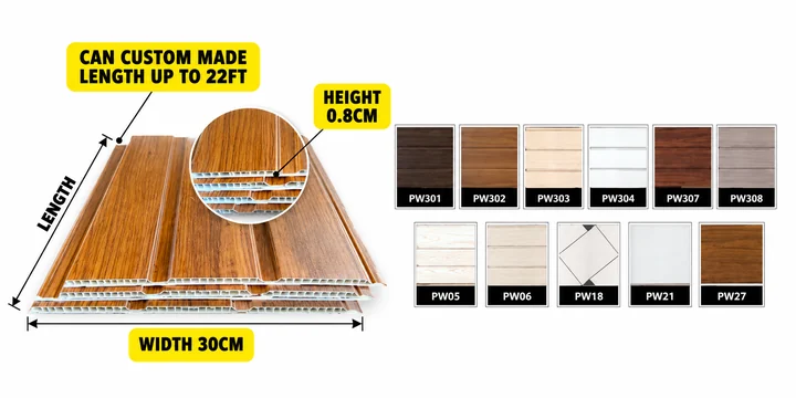 PVC ceiling panel, 30cm wide and 0.8cm thick, and its colours