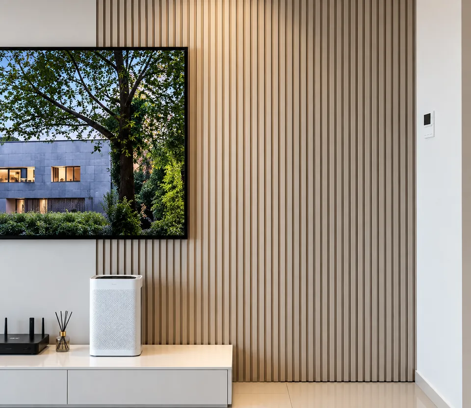 Living room feature wall in PVC fluted panels