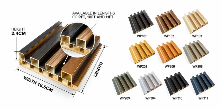 PVC fluted panel, 16.5cm wide and 2.4cm thick, and its colours