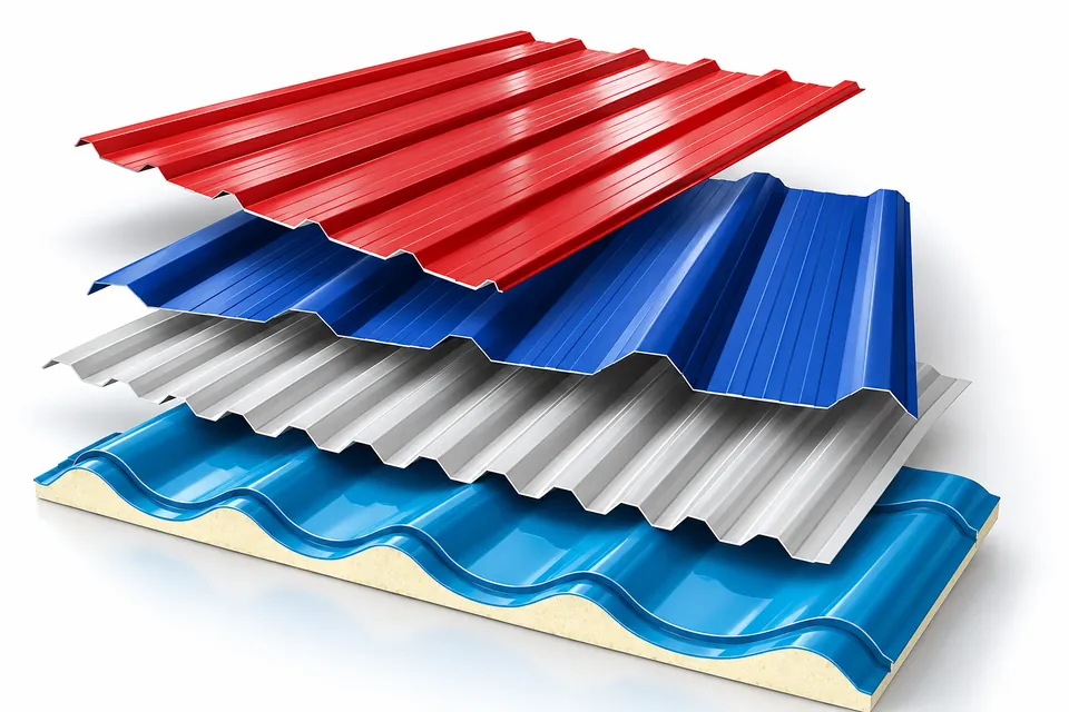 Metal deck roofing sheets in red, blue and white
