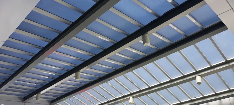 Clear polycarbonate canopy roof seen from below